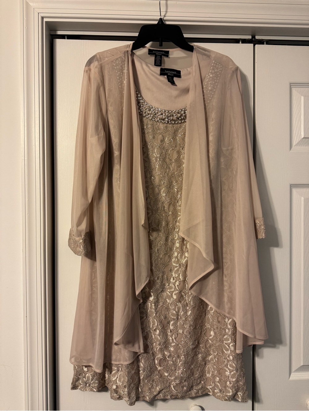 R&M Richards Champagne Beaded Lace Dress with Sheer Jacket